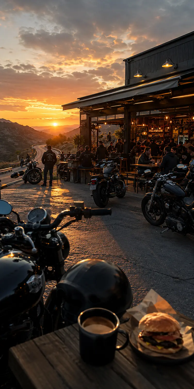 Moto Cafe'nin samimi iç mekanı — vintage motosiklet parçaları ve ahşap mobilyalar